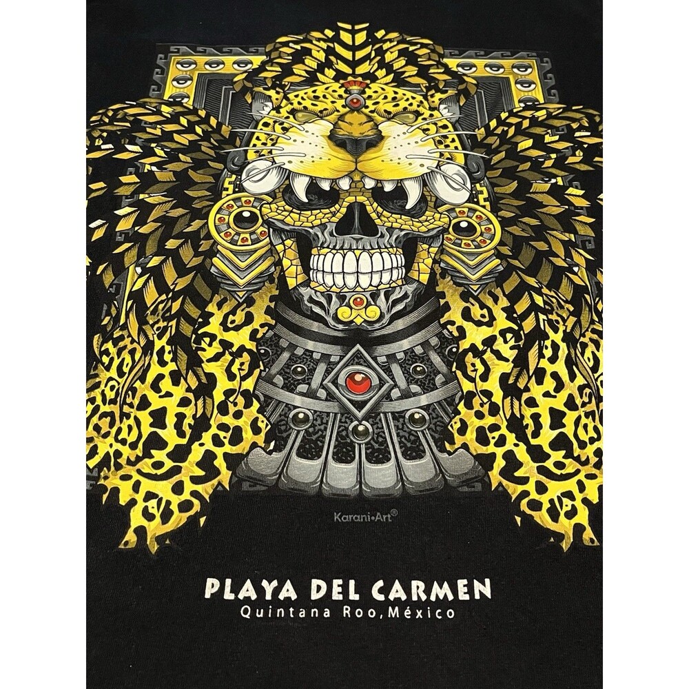 Karani Art Playa Del Carmen Mexico Jaguar Skull Graphic T-Shirt Black Mens Small
